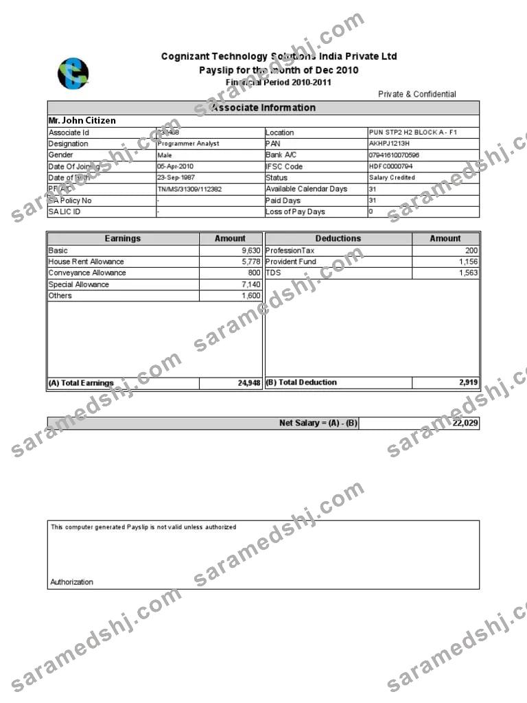 INDIA COGNIZANT Technology Solutions India Private Ltd payslip in Word and PDF formats